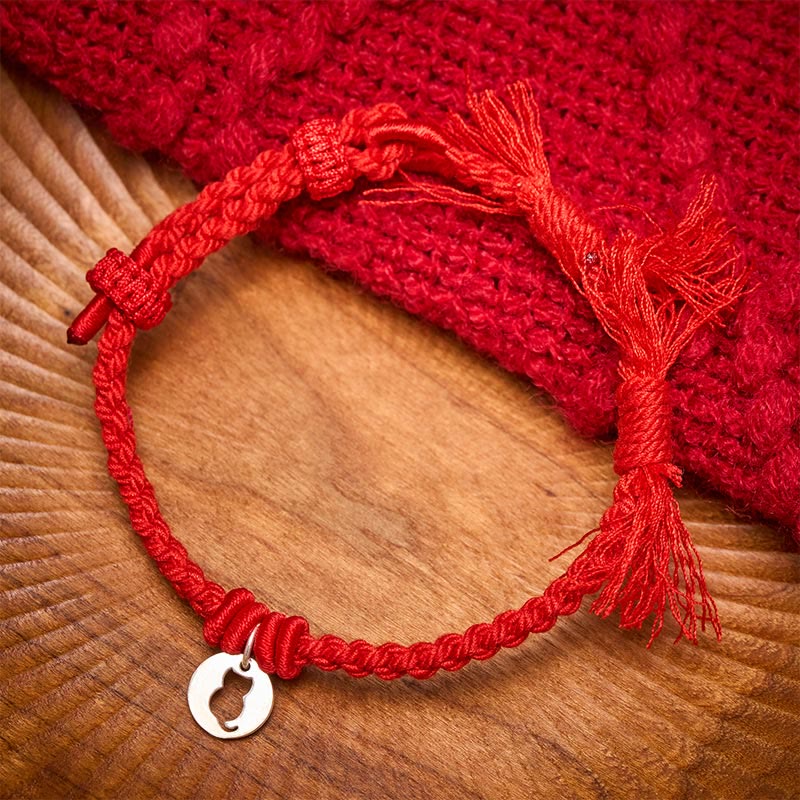 925 Sterling Silver Red String Protection Cat Round Hollow Design Charm Bracelet