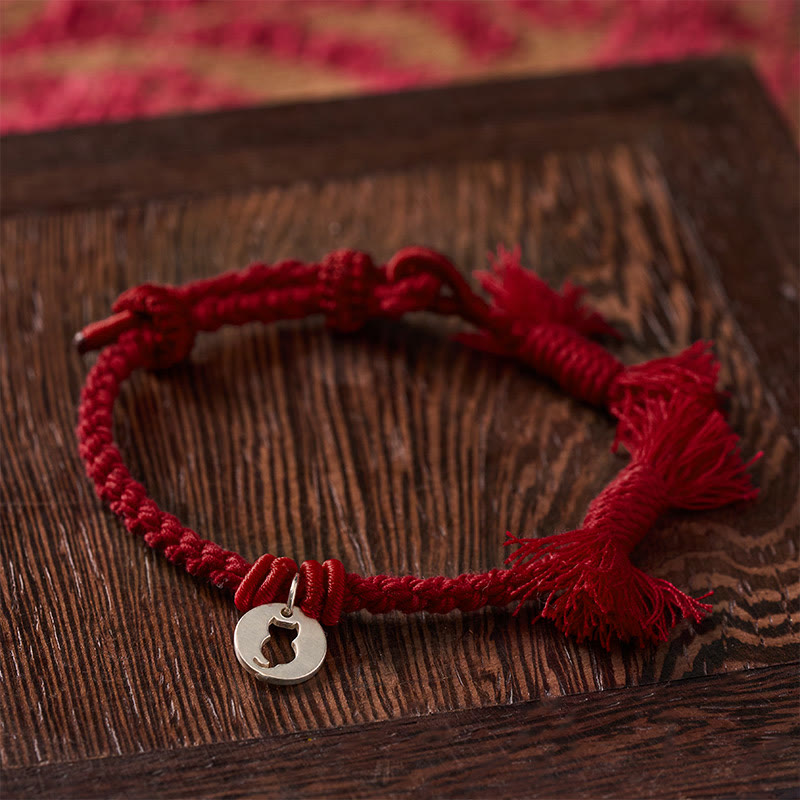 925 Sterling Silver Red String Protection Cat Round Hollow Design Charm Bracelet
