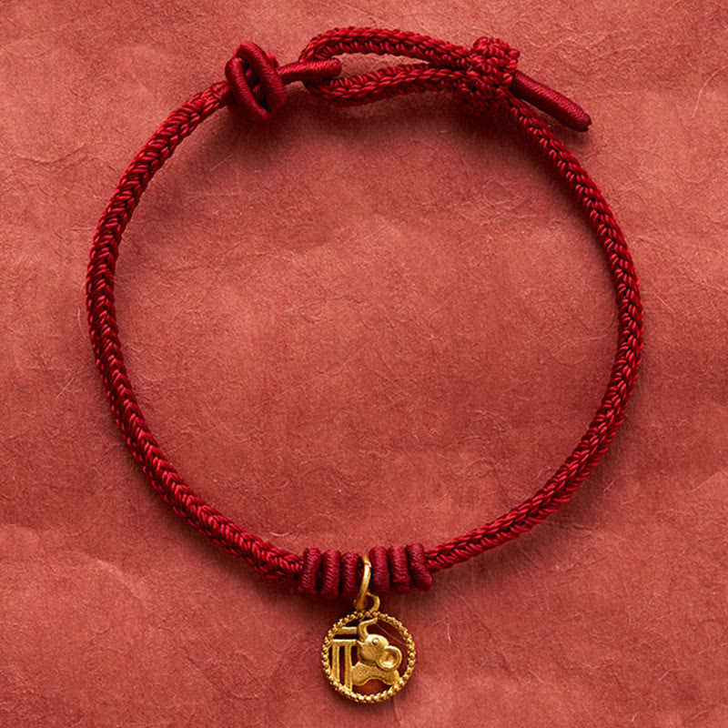 Elephant Fu Character Gold Plated Copper Red String Wealth Bracelet