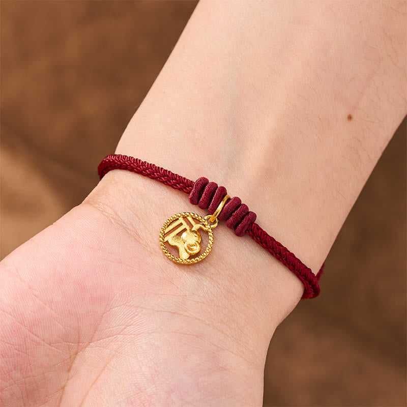 Elephant Fu Character Gold Plated Copper Red String Wealth Bracelet