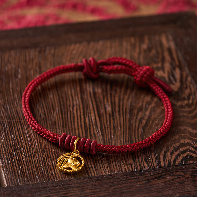 Elephant Fu Character Gold Plated Copper Red String Wealth Bracelet
