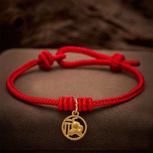 Elephant Fu Character Gold Plated Copper Red String Wealth Bracelet