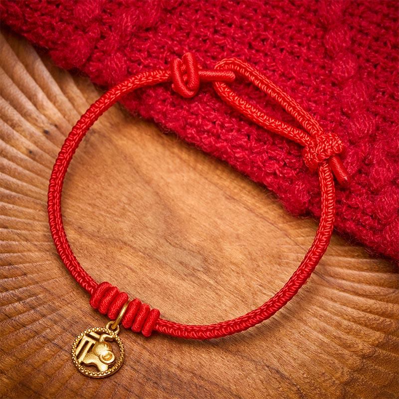 Elephant Fu Character Gold Plated Copper Red String Wealth Bracelet
