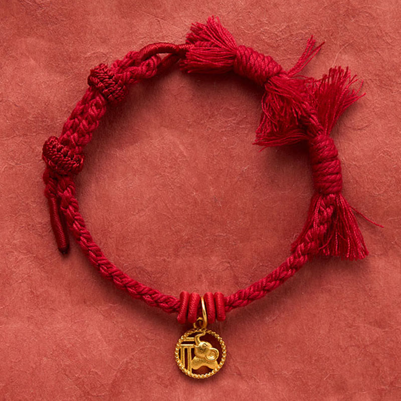 Elephant Fu Character Gold Plated Copper Red String Balance Tibet Bracelet