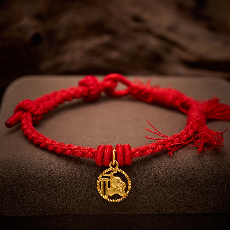 Elephant Fu Character Gold Plated Copper Red String Balance Tibet Bracelet