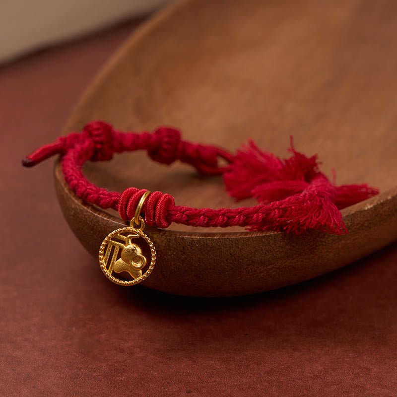 Elephant Fu Character Gold Plated Copper Red String Balance Tibet Bracelet