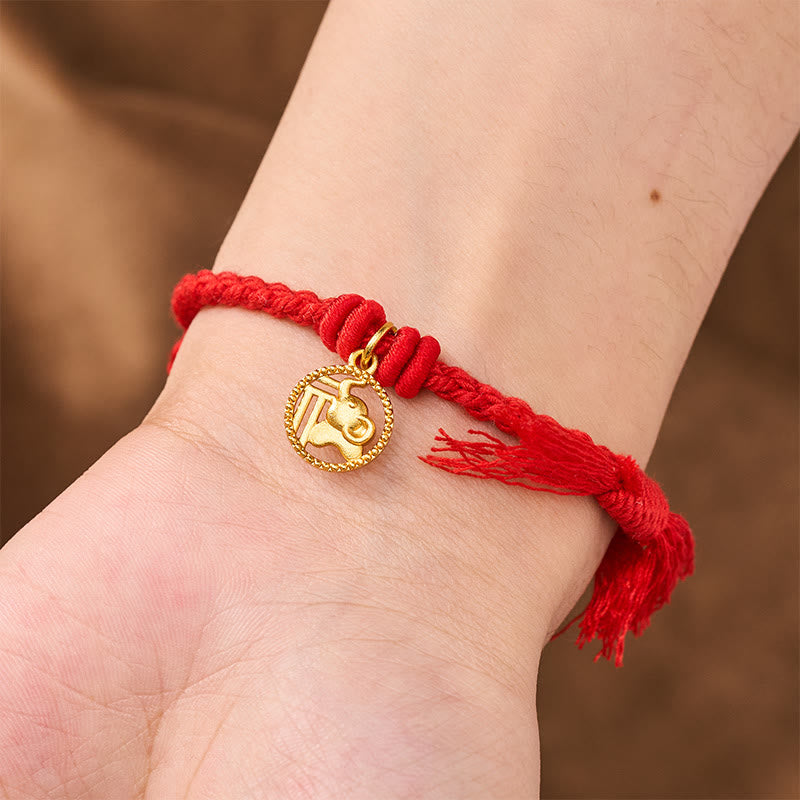Elephant Fu Character Gold Plated Copper Red String Balance Tibet Bracelet