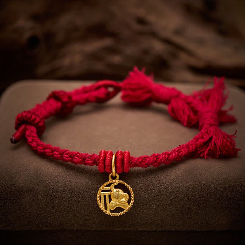 Elephant Fu Character Gold Plated Copper Red String Balance Tibet Bracelet