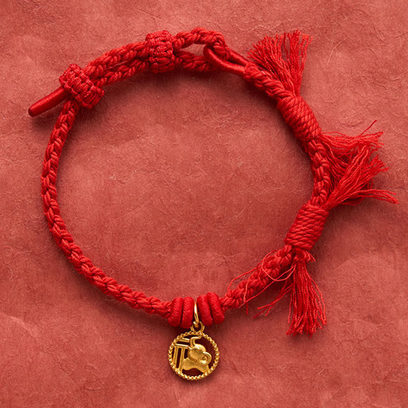 Elephant Fu Character Gold Plated Copper Red String Balance Tibet Bracelet