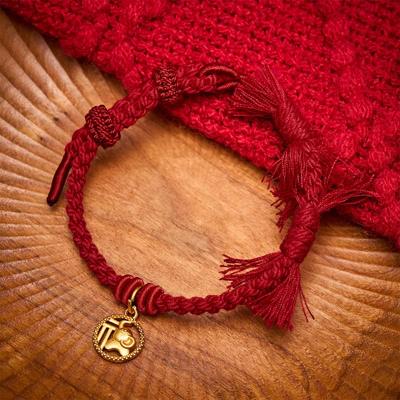 Elephant Fu Character Gold Plated Copper Red String Balance Tibet Bracelet