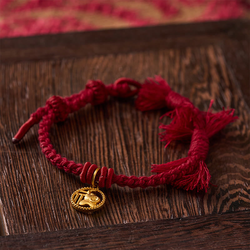 Elephant Fu Character Gold Plated Copper Red String Balance Tibet Bracelet
