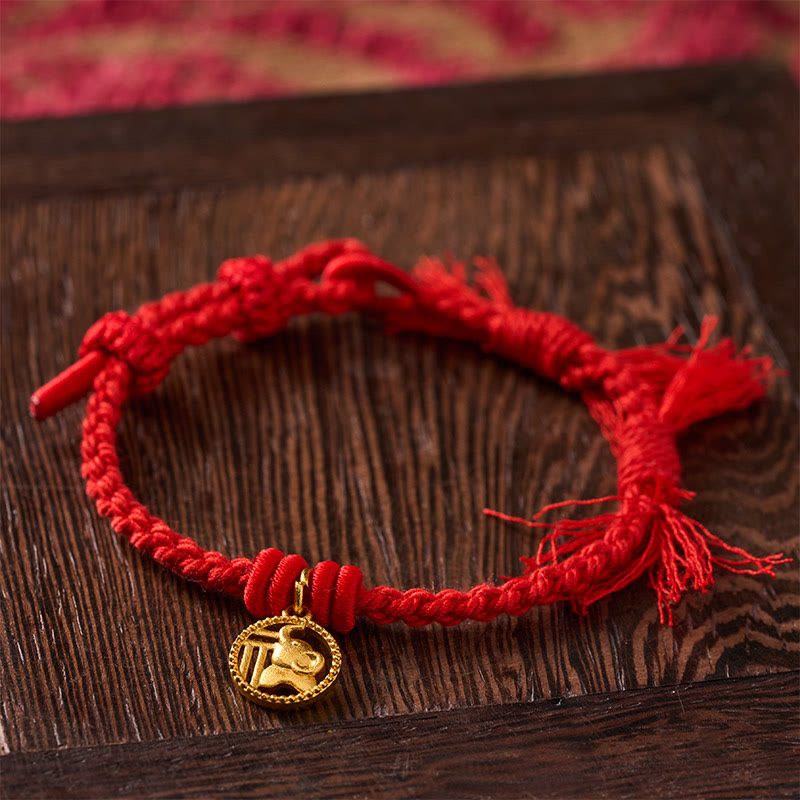 Elephant Fu Character Gold Plated Copper Red String Balance Tibet Bracelet