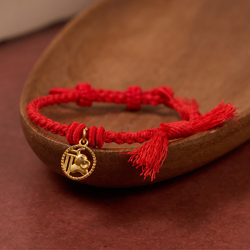 Elephant Fu Character Gold Plated Copper Red String Balance Tibet Bracelet