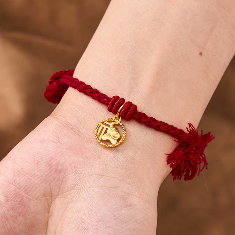 Elephant Fu Character Gold Plated Copper Red String Balance Tibet Bracelet
