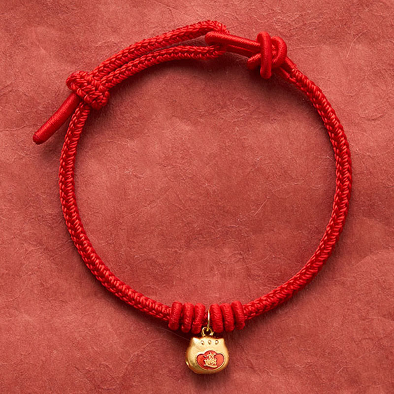Gold Plated 925 Sterling Silver Cat Red String Protection Bracelet