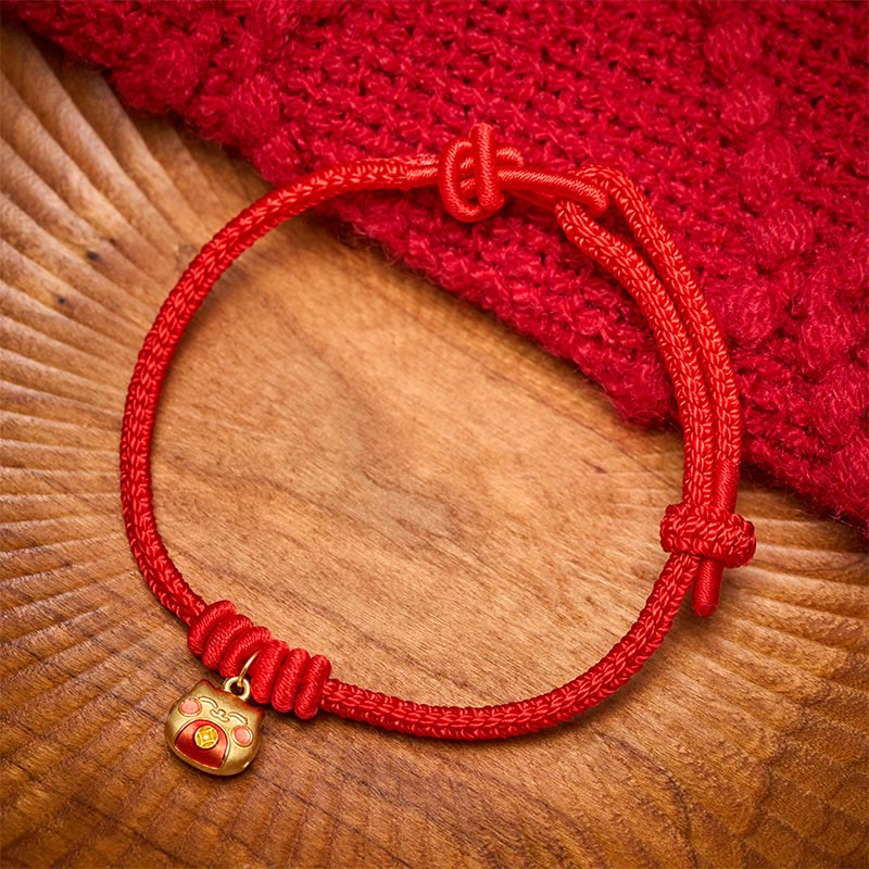 Gold Plated 925 Sterling Silver Cat Red String Protection Bracelet