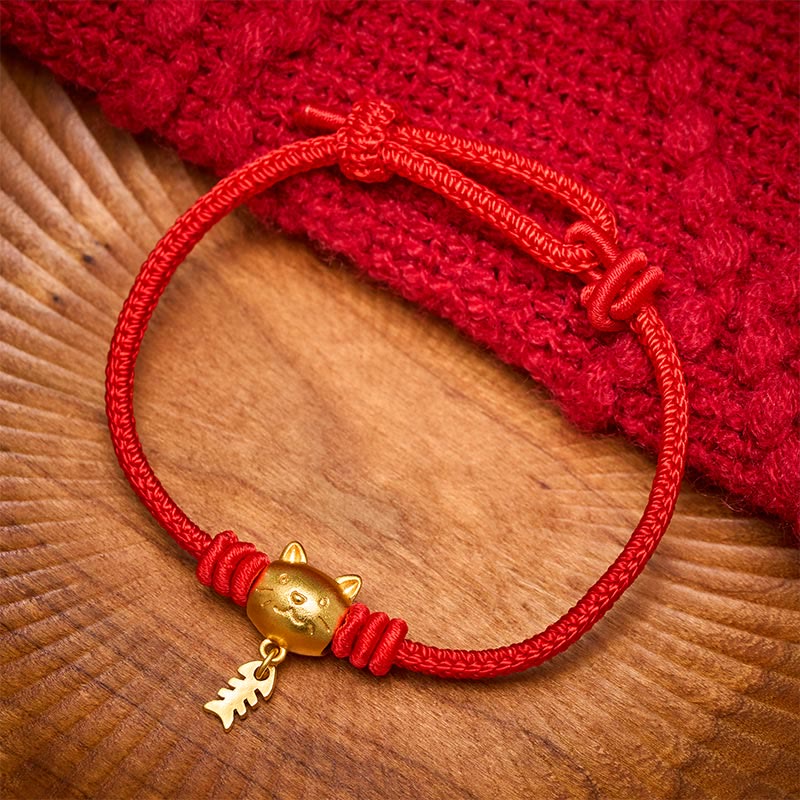 Copper Cute Cat Fish Red String Bracelet