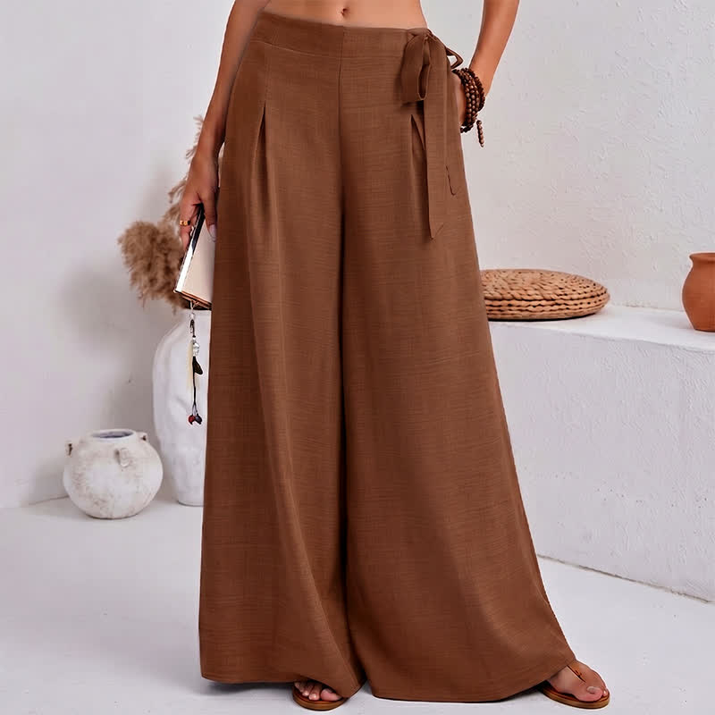 Spring Casual Retro Plain Drawstring Women's Wide Leg Pants With Pockets