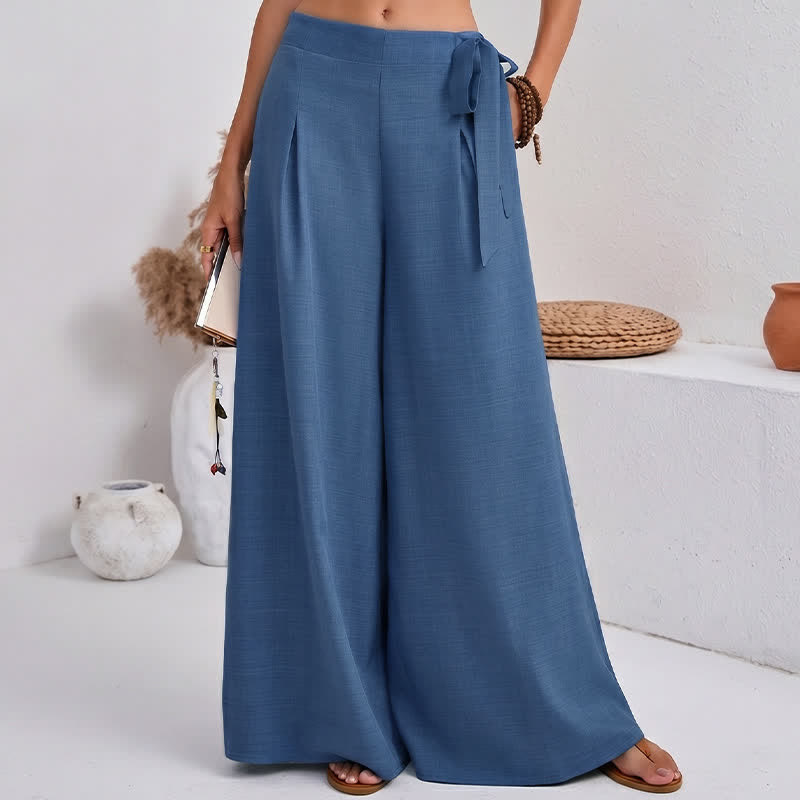 Spring Casual Retro Plain Drawstring Women's Wide Leg Pants With Pockets