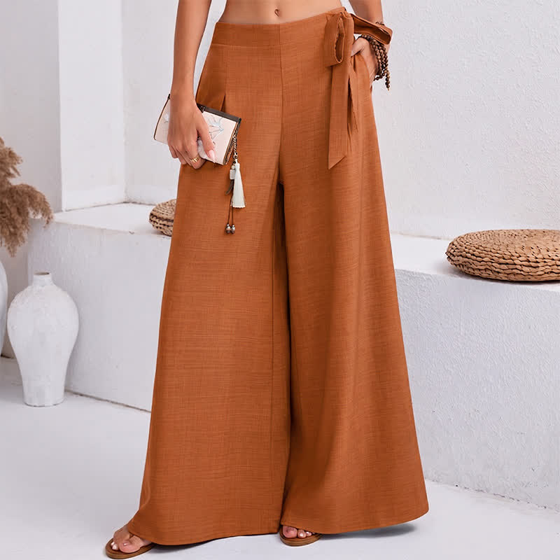 Spring Casual Retro Plain Drawstring Women's Wide Leg Pants With Pockets