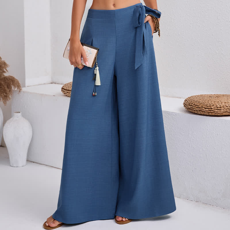 Spring Casual Retro Plain Drawstring Women's Wide Leg Pants With Pockets