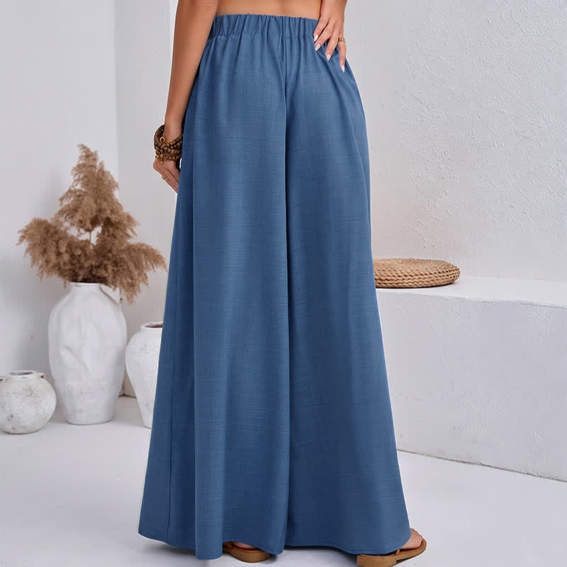 Spring Casual Retro Plain Drawstring Women's Wide Leg Pants With Pockets