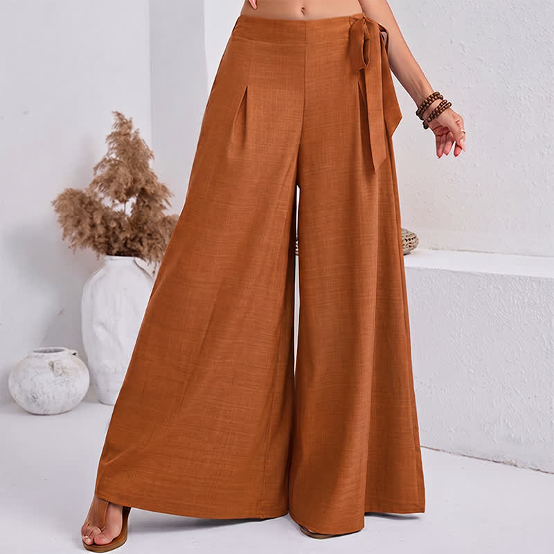 Spring Casual Retro Plain Drawstring Women's Wide Leg Pants With Pockets