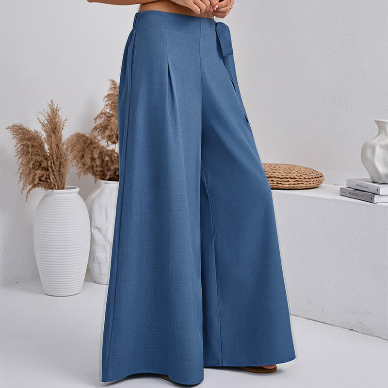 Spring Casual Retro Plain Drawstring Women's Wide Leg Pants With Pockets