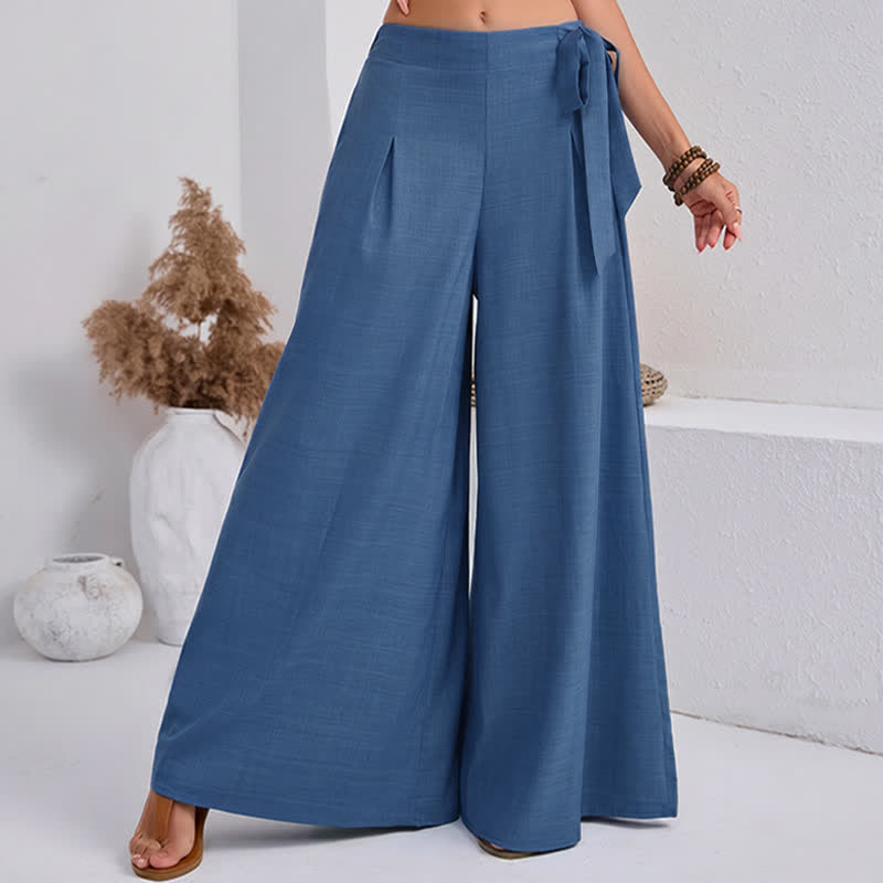Spring Casual Retro Plain Drawstring Women's Wide Leg Pants With Pockets