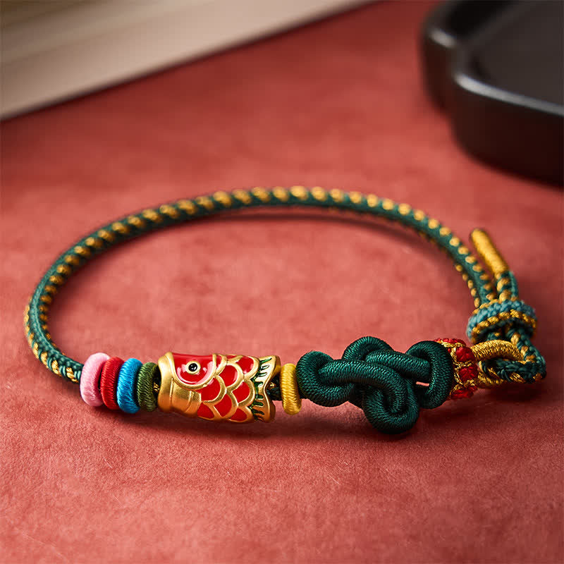 Hand-Woven Dark Green Yellow String Red Koi Fish Protection Bracelet