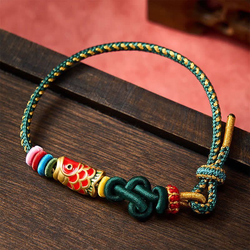Hand-Woven Dark Green Yellow String Red Koi Fish Protection Bracelet