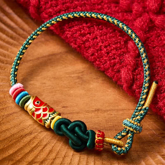 Hand-Woven Dark Green Yellow String Red Koi Fish Protection Bracelet