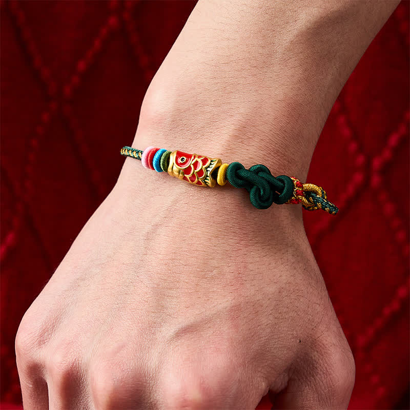 Hand-Woven Dark Green Yellow String Red Koi Fish Protection Bracelet