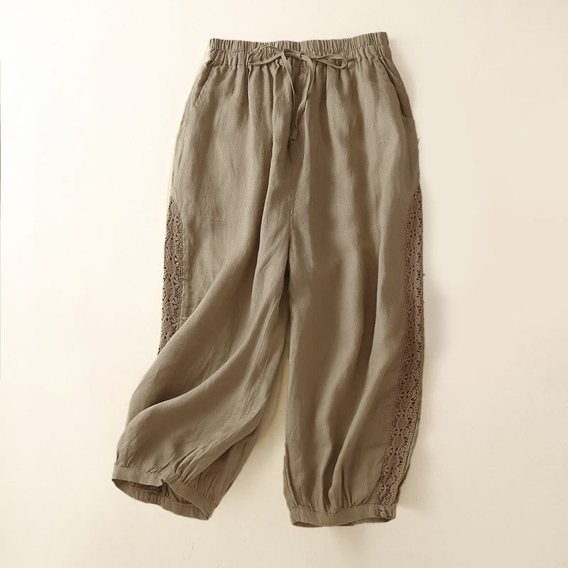 Solid Color Flower Loose Drawstring Harem Pants With Pockets