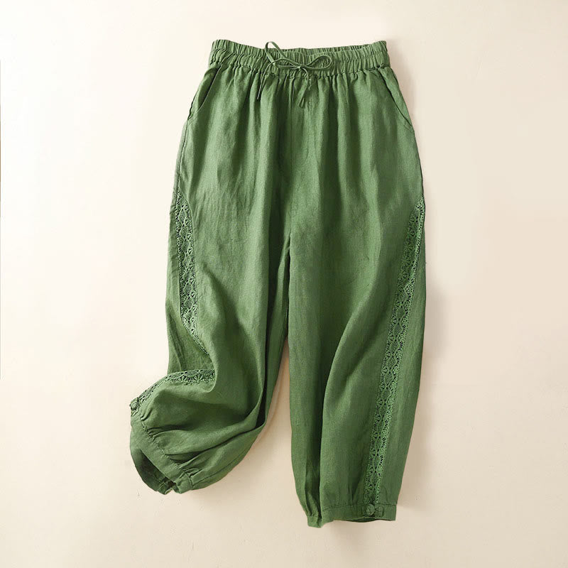 Solid Color Flower Loose Drawstring Harem Pants With Pockets