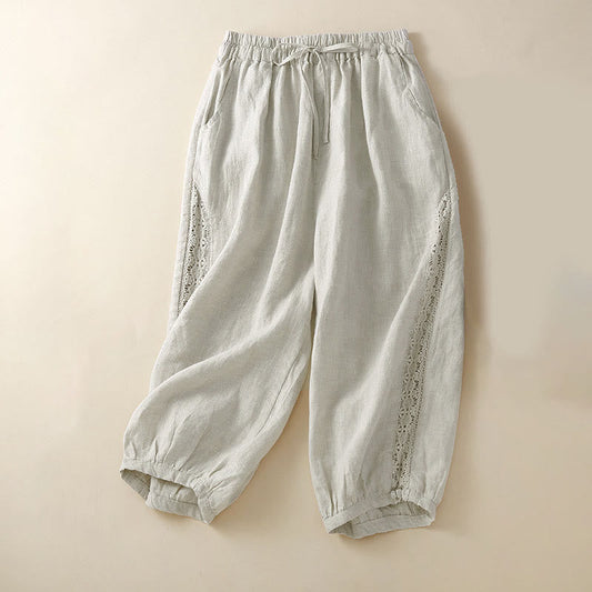Solid Color Flower Loose Drawstring Harem Pants With Pockets