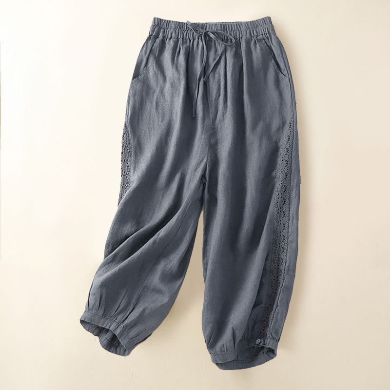 Solid Color Flower Loose Drawstring Harem Pants With Pockets