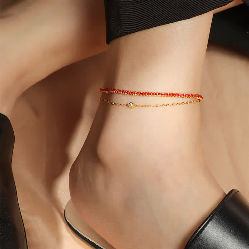 Titanium Steel Red String Faith Double Wrap Anklet