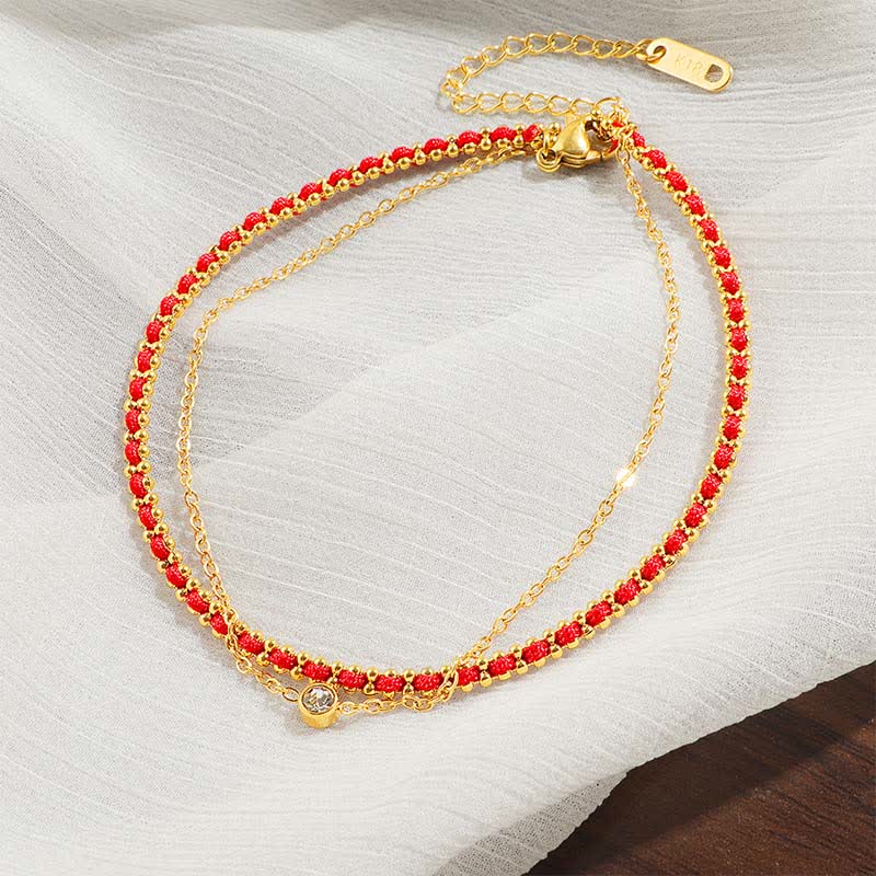 Titanium Steel Red String Faith Double Wrap Anklet