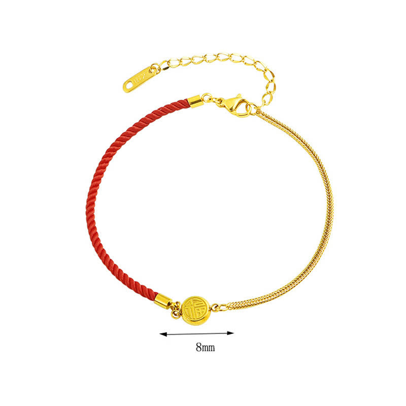 Titanium Steel Fu Character Red String Blessing Braided Anklet