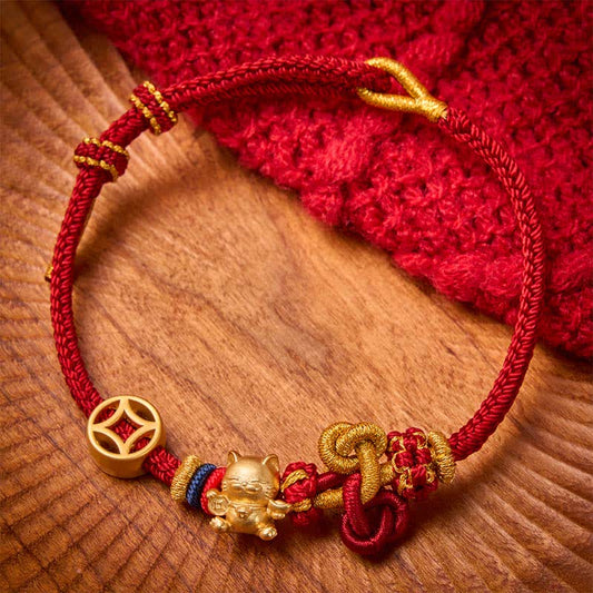Golden Lucky Cat Red String Protection Braided Bracelet