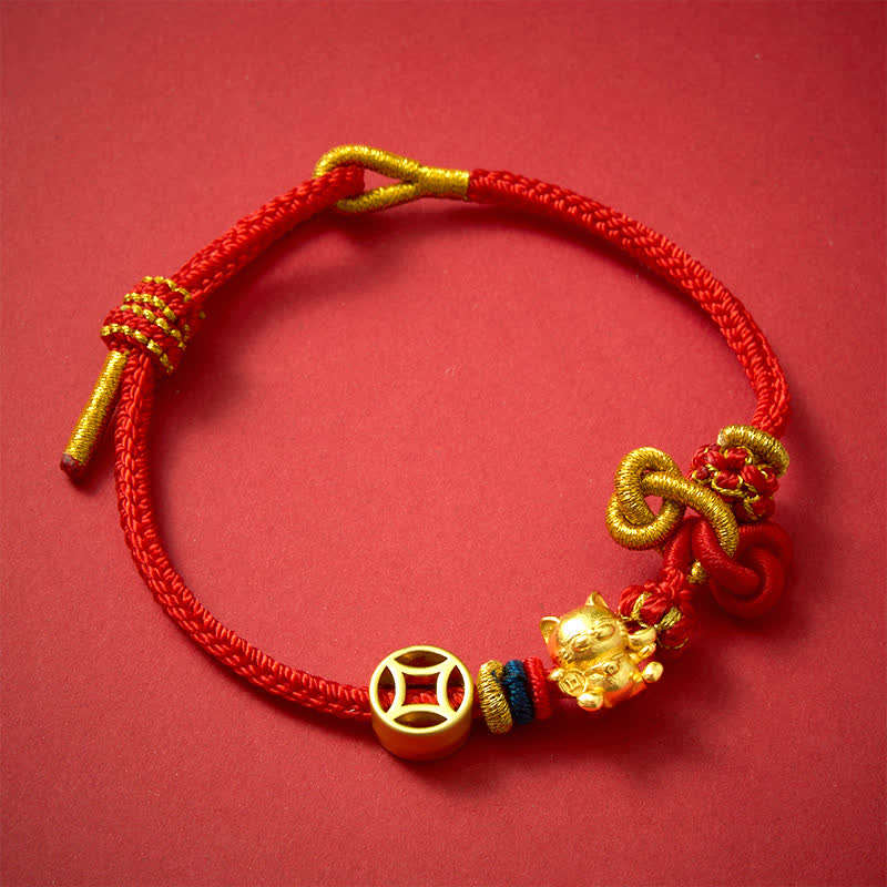 Golden Lucky Cat Red String Protection Braided Bracelet