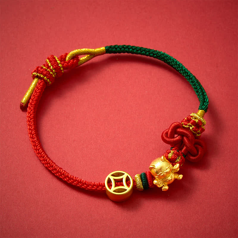 Golden Lucky Cat Red String Protection Braided Bracelet