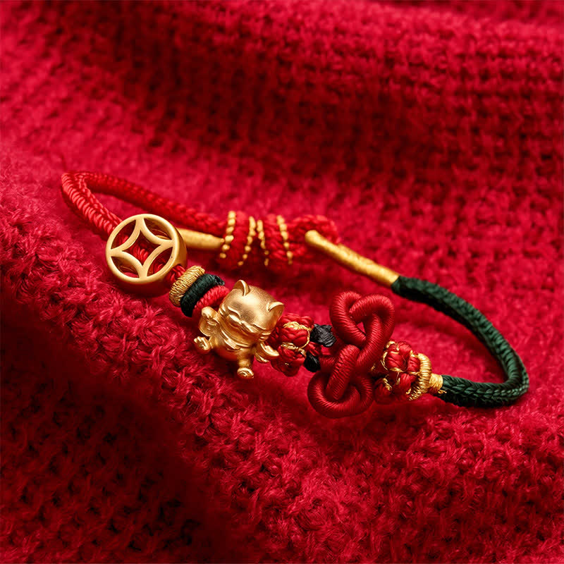 Golden Lucky Cat Red String Protection Braided Bracelet