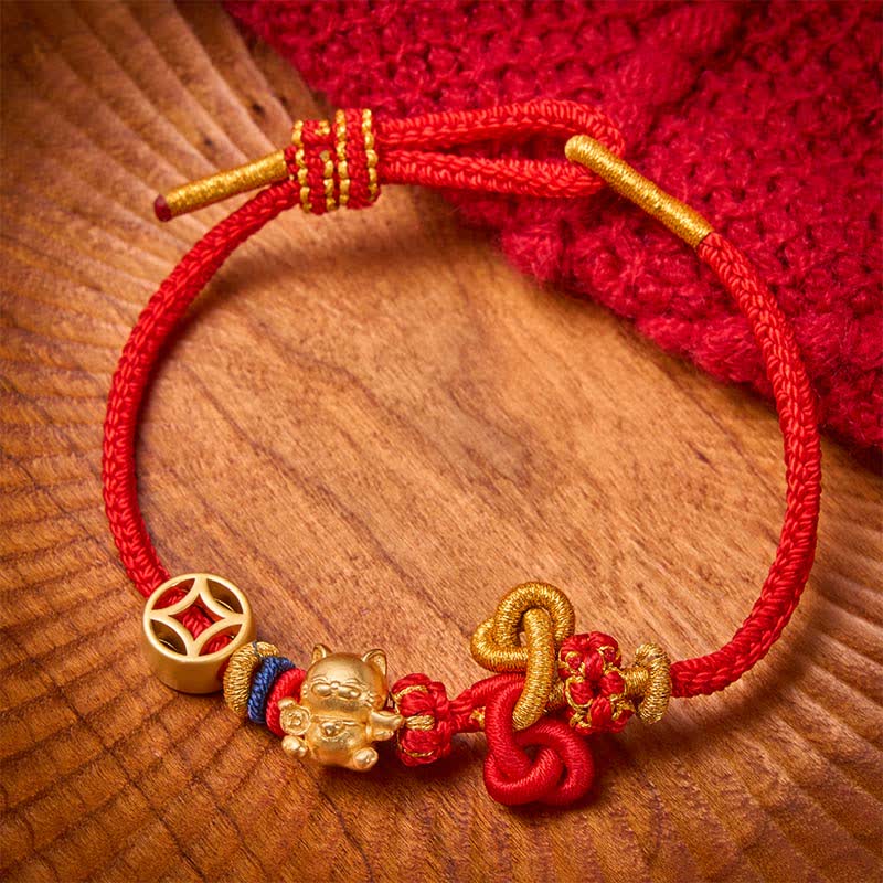 Golden Lucky Cat Red String Protection Braided Bracelet