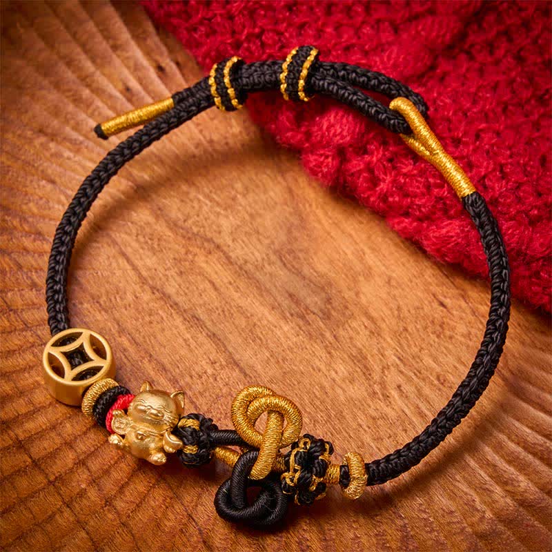Golden Lucky Cat Red String Protection Braided Bracelet