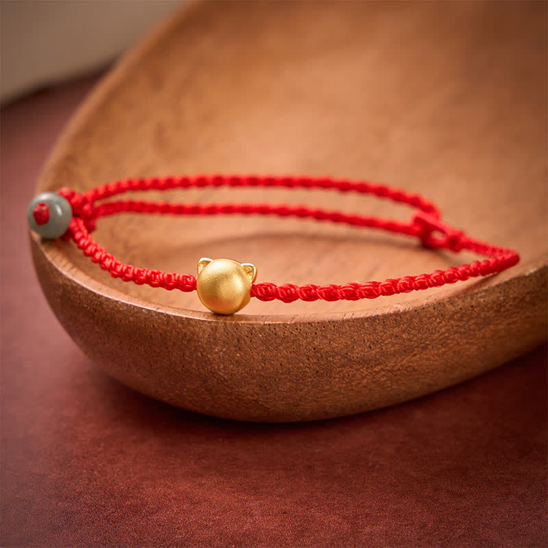 Copper Cat Head Jade Red String Connection Bracelet