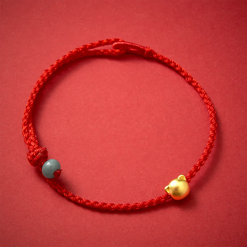 Copper Cat Head Jade Red String Connection Bracelet