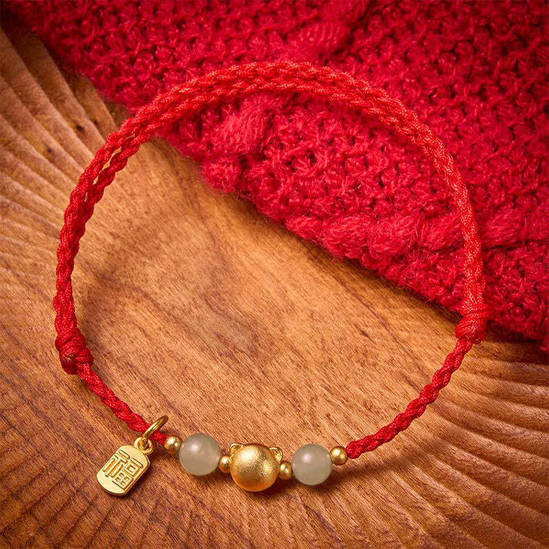 Hetian Jade Fu Character Copper Cat Red String Bracelet