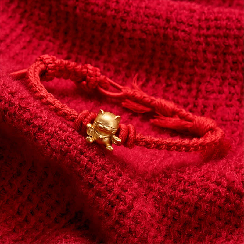 Copper Lucky Cat Charm Red String Wealth Bracelet